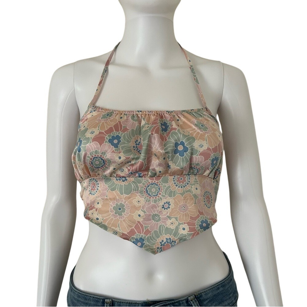 West of Melrose Pastel flower print Cropped smocked back halter top XS